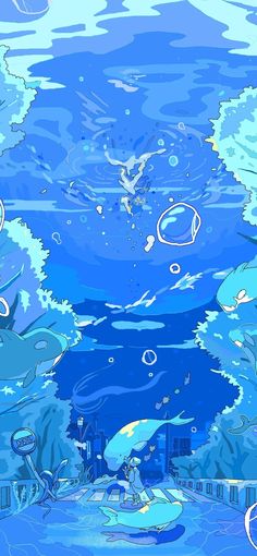 an image of a blue ocean scene with fish and bubbles in the water, as well as clouds