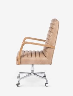 an office chair with casteors and leather upholstered on the back, viewed from the front