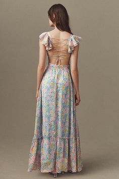 Light, airy, and ethereal, the ASTR The Label Primrose Floral Strappy Back Maxi Dress is fit for a garden fairytale. Flutter sleeves and a gathered bodice lend a feminine touch, while the strappy lace-up back detailing adds a bit of allure. | Primrose Floral Strappy-Back Maxi Dress by ASTR The Label in Blue, Women's, Size: Large, Polyester/Elastane/Chiffon at Anthropologie Astr The Label Dress, Ethereal Outfit, Astr Dress, Strappy Wedding Dress, Fashion 2025, Astr Dresses, Gathered Bodice, Garden Party Dress, Blue Party Dress