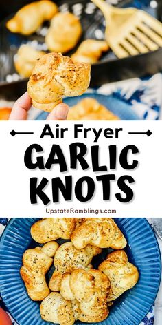 air fryer garlic knots on a blue plate