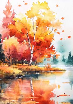 a watercolor painting of trees in the fall colors near a lake with reflections on the water