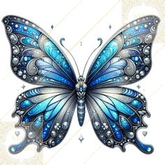 a blue and white butterfly with bubbles on it's wings