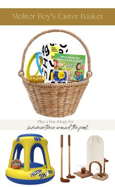 a basket filled with books and toys next to an inflatable toy boat on a white background