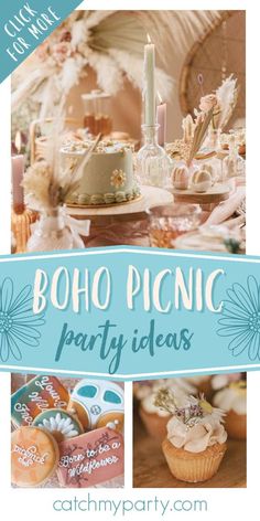 the boho picnic party is set up with cupcakes, cakes and candles