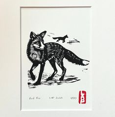 a black and white drawing of a fox with two birds in the background on paper