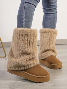 Niche Cream Fluffy Faux Fur Lined Short Snow Boots For Women, Warm Winter Casual Platform Shoes Fluffy Ugg Boots, Winter Boots With Fur, Winter Beige Synthetic Boots, Fluffy Casual Winter Boots, Casual Fluffy Winter Boots, Trendy Faux Fur Boots With Round Toe, Casual Fluffy Boots With Round Toe, Casual Brown Faux Fur Boots, Flat Synthetic Boots For Winter