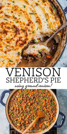 two photos with the words vernon shepherd's pie in it and an image of a casserole dish