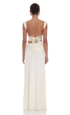 Open Back Bow Maxi Dress in White White Black Tie Dress, 18th Dress, Modern Prom, Formal Maxi Dresses, Debs Dresses, Prom Dress Inspo, Prom Inspo, Junior Prom, Bachelorette Party Outfit