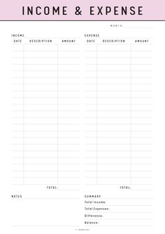 a pink and white printable balance sheet with the words,'income & expense '