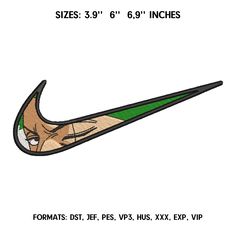 a drawing of a nike shoe with the words size 3, 9'and 6'inches