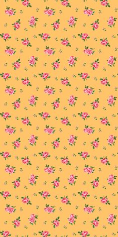 a yellow background with pink flowers on it