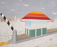 a painting of a beach hut with birds in the sky and sand on the ground