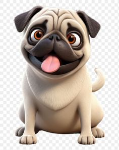 a cartoon pug dog sitting down with its tongue out and looking at the camera