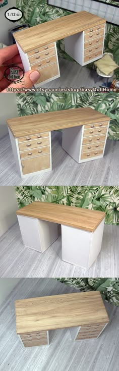 three different views of a desk with drawers