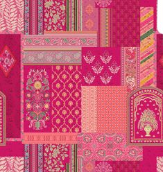 pink and red patchwork fabric with floral designs on the border, in different colors