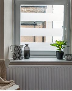 a potted plant sitting on top of a window sill next to a radiator