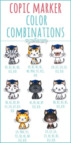 a poster with cats in different colors and sizes, including the words copic marker color combinations