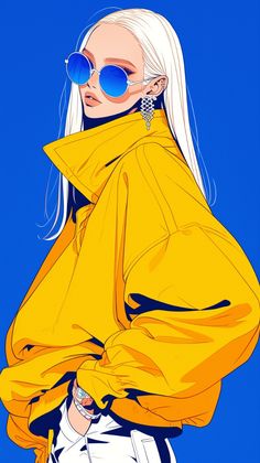 a woman with white hair and blue eyes wearing a yellow jacket is standing in front of a blue background