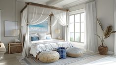 a bedroom with white bedding and curtains on the window sill, two round stools in front of the bed