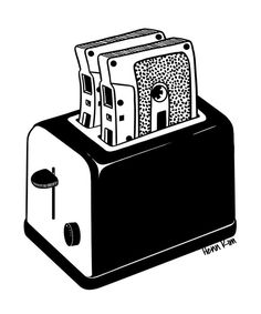 a black and white drawing of a toaster with money sticking out of the top