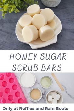 honey sugar scrub bars on a plate with ingredients for the recipe and instructions to make them