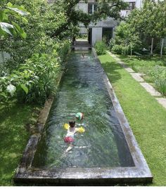 a person swimming in a small pool surrounded by greenery