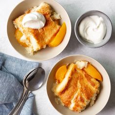 two white bowls filled with food next to a spoon and bowl of yogurt