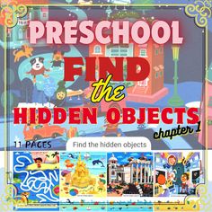 the front cover of preschool find the hidden objects book