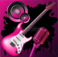 an electric guitar, microphone and speaker on a purple background