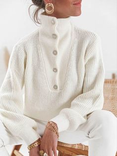 Daily Causal Plain Buttoned Sweater | stylewe Look Formal, Winter Stil, Button Sweater, Long Sleeve Knit Sweaters, Long Sleeve Turtleneck, White Sweater, Casual Sweaters, Jumpers For Women, Knit Fashion