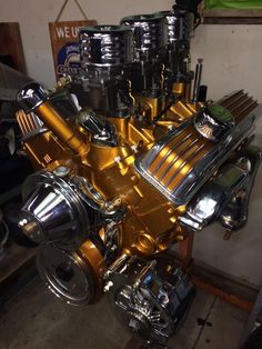 an image of a gold engine in a garage