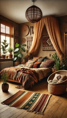 a bed room with a neatly made bed and rugs