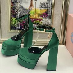 Purple Platform Heels Outfit, Platform Green Heels, Dark Green Heels Aesthetic, Green Versace Heels, Buchifresa Shoes, 70s Heels, Square Heels