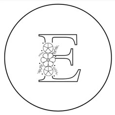 the letter e with flowers and leaves on it is outlined in black and white ink