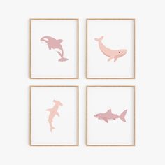 four framed pictures with different types of animals on them, one pink and the other white