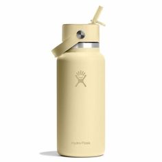 the hydro flask water bottle is shown in light yellow with a straw sticking out of it