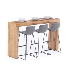 three stools and a table with plates on it in front of a white background