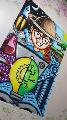 a drawing of a boy with glasses and a hat is on the wall next to flowers