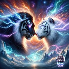 two white tigers facing each other in front of a colorful sky with clouds and stars