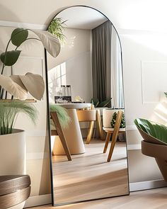 a large mirror sitting on top of a wooden floor next to potted plantes