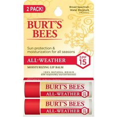 Burts Bees All-Weather SPF15 Moisturizing Lip Balm protects and nourishes your lips all year long. Infused with Zinc Oxide, this natural broad spectrum SPF15 lip balm provides sunscreen benefits without the typical whitening appearance and leaves your lips richly moisturized and soft. Rain or shine, Burts Bees All-Weather SPF15 will make your lips juicy, happy and feeling healthy in a matte finish and is water resistant (40 minutes). This tint free tube of soothing All-Weather SPF15 Lip Balm gli Sunscreen Benefits, Lip Balm With Spf, Lip Sunscreen, Burts Bees Lip, Spf Lip Balm, Natural Sunscreen, Natural Lip Balm, Moisturizing Lip Balm, Smooth Lips