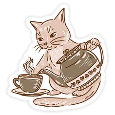 a cat sitting on the floor with a tea pot and cup in front of it