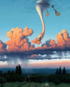 an image of a bird flying in the sky with clouds and trees around it,