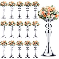 a bunch of vases filled with flowers on top of a white table next to each other