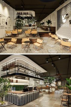 two pictures of the inside and outside of a restaurant with tables, chairs, and benches