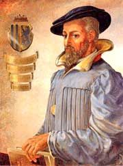 a painting of a man with a beard wearing a hat and holding a book in his right hand