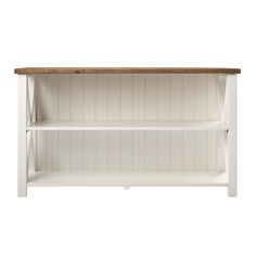 a white shelf with wooden top and two shelves on one side, against a white background