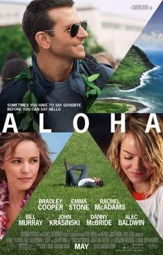 a movie poster for aloha with two people on the grass and one man in sunglasses