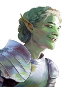 a drawing of a woman with green hair and armor on her chest, smiling at the camera