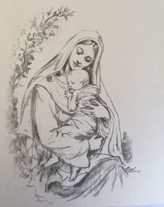 a drawing of the virgin mary holding a baby